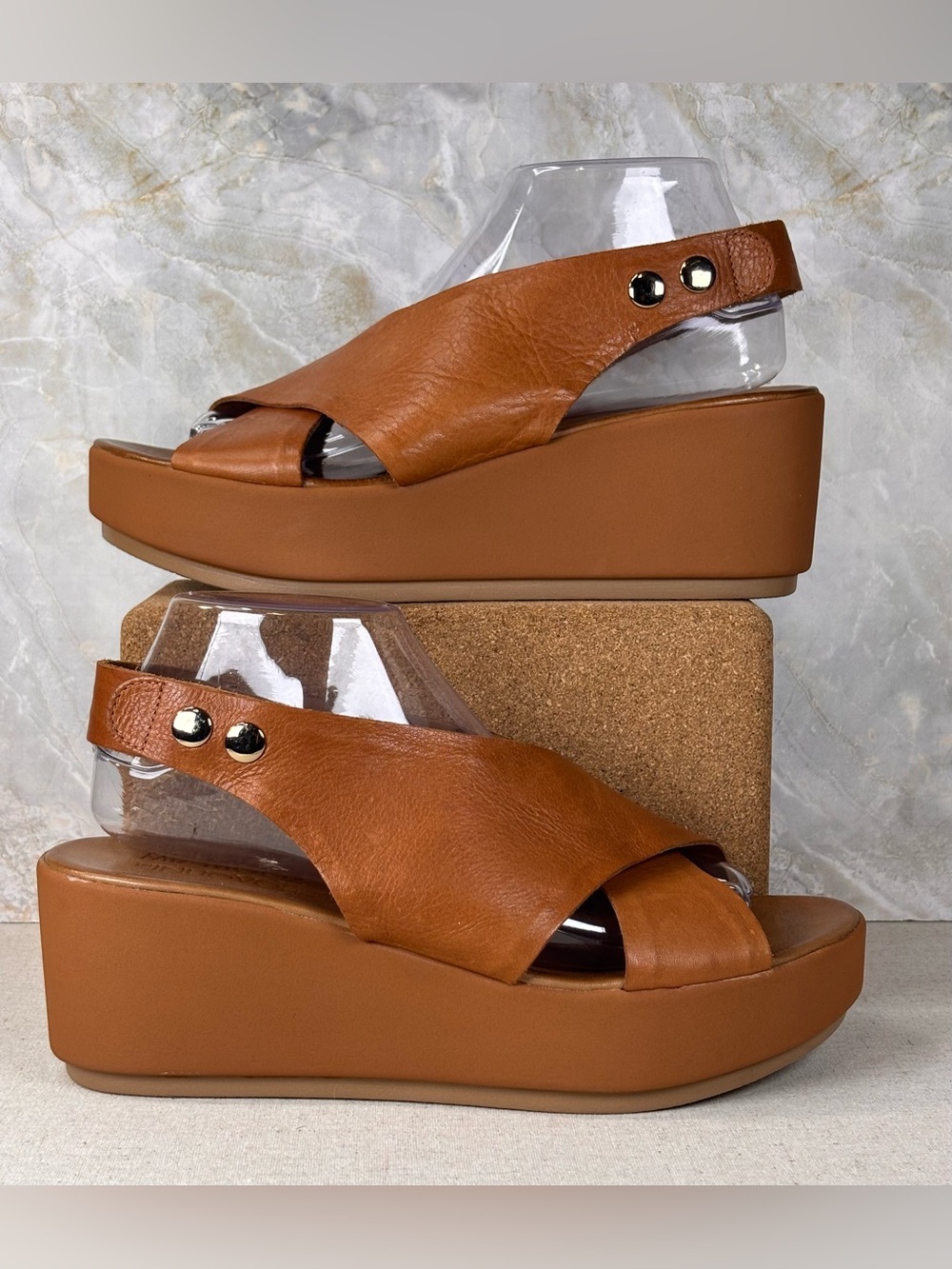 Miz Mooz Leather Platform Wedge Sandals Cognac Slingback EU 40 US 9